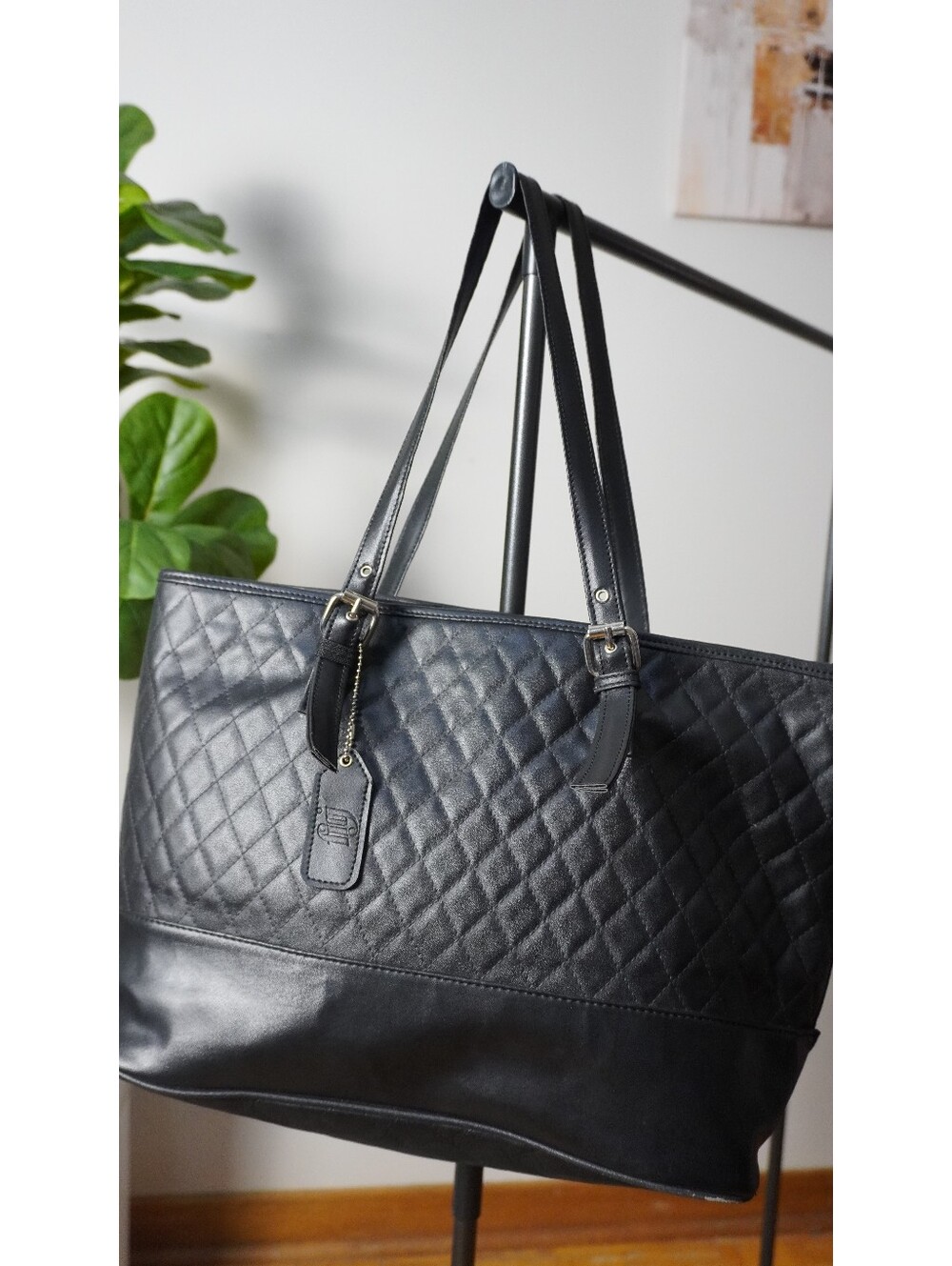 Quilted Black Leather Tote Bag - Unbranded